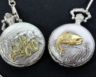 Quartz Pocket Watches, 1 Silver With Gold Tone Tractor And 1 Silver With Gold Tone Fish, Both With Chains, And Additional Gold & Silver Tone Chains