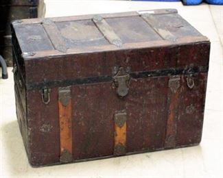 Antique Wood Trunk, Tin Covered With Wood Tray Insert, 18.5"H x 28.5"W x 16"D
