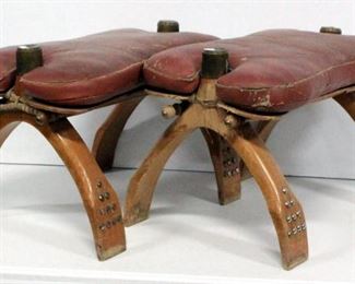 Pair Of Camel Saddles With Wood Frame and Padded Leather Seat With Brass Accents, 14.5"H x 22"W x 13"D Qty. 2