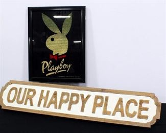 Playboy Logo Framed Art 13.5"H x 17.5"W And "Our Happy Place" Raised Wood Sign 7"H x 36"W