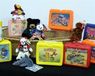Vintage Lunch Boxes Includes GI Joe, Popples, Double Dare And More, Collectable Stuffed Bears And More, In Wicker Basket