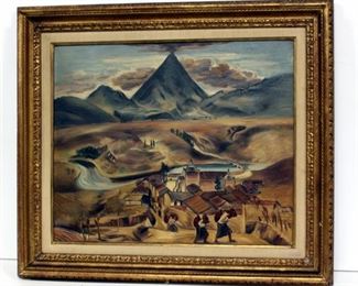 Doris Rosenthal (American 1889-1971), "Santa Maria And Olintepeque" Oil On Canvas, Unsigned, Framed 31"W x 27.5"H, Fire Salvage