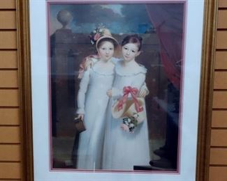 Print Of Two Girls With Flowered Hats, Framed Matted Under Glass 29.5"W x 35.5"H