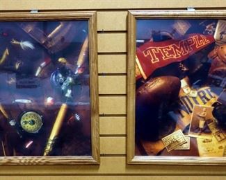 2 Framed Prints of Classic College Football Memorabilia And Fishing Items, Both 18"W x 22"H