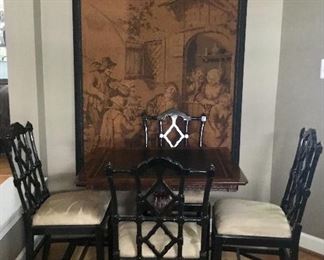 Antique English game table and four chinoiserie chairs