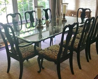 Custom glass and Lucite dining table and eight Queen Anne style black lacquered chairs