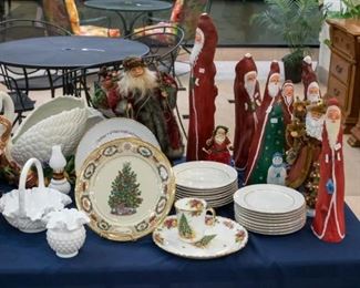 Fitz & Floyd Swan, cream colored dessert plates and bowls trimmed in gold, Santas!