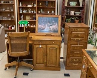 Desks, filing cabinet, desk chair