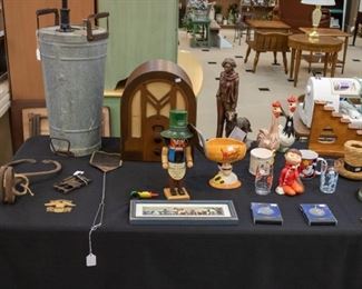 Vintage Sprayer, Ice Tongs, Tube Radio, and other collectibles.