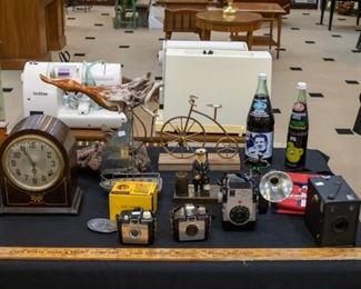 Vintage cameras, working Plymouth 8 day clock....