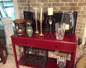 cool red table, pretty candlesticks, TABLE SOLD