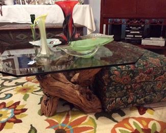 petrified wood base and beveled glass coffee table 