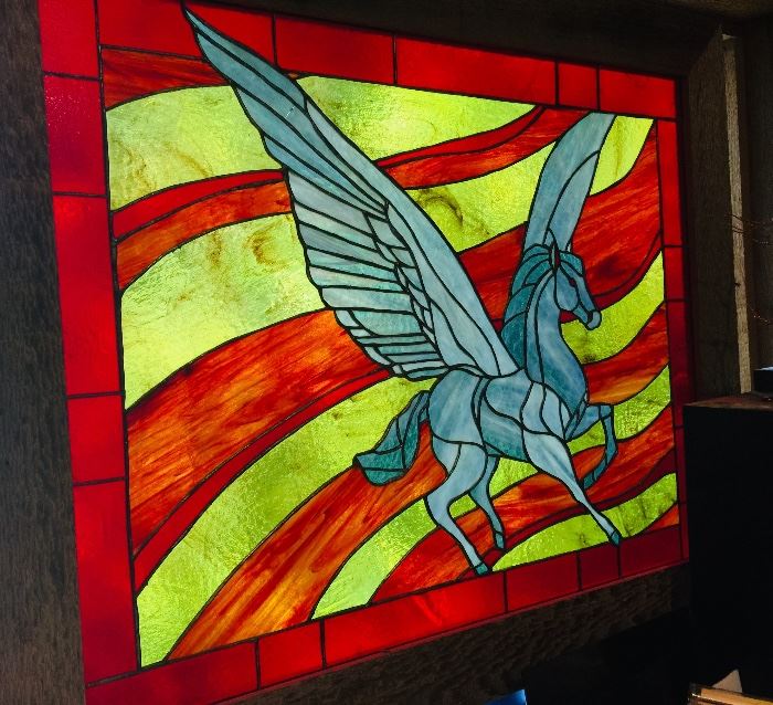 Large Pegasus stained glass by artist Randy Fuller