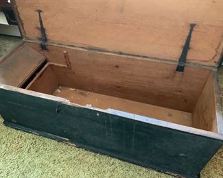 Early pine blanket box with early strap hinges.