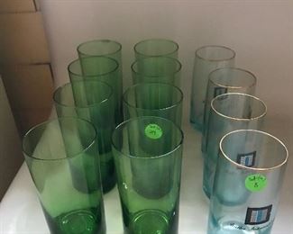 Mid century green glass set and Aqua Butler International 