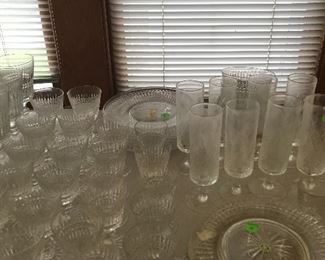 Diamond cut sets of barware glass. Matching plates