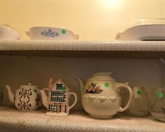 Assorted tea pots and cornflower blue corning ware