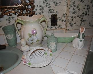 2 handle ceramic container, green cameo pieces, Shawnee green planter and ceramic winter girl