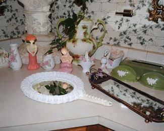 dresser mirrors, Avon figurine decanters, 3 pc tissue and soap set, gorgeous 2 handle ceramic container and other porcelain pieces