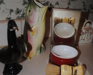 Wonderful fish pitcher, Duck Avon decanter and men's shave set