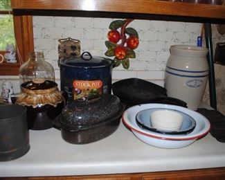 RRP Co bean pot, Wagner Ware cast iron and others, granite and porcelain ware and Marshall Pottery Co 2 gallon churn