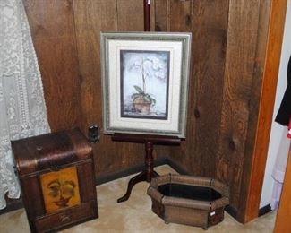 trunk and basket wood/wicker, wood easel and ornate frame and picture