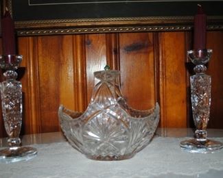 Heavy lead crystal candlesticks and basket