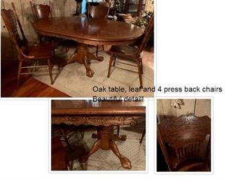 Oak Table, leaf and chairs - beautiful detail