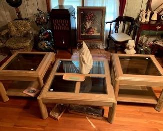 Bleached Wood coffee table and end tables - there is a sofa table also! Great for your beach decor - very heavy and made in the USA