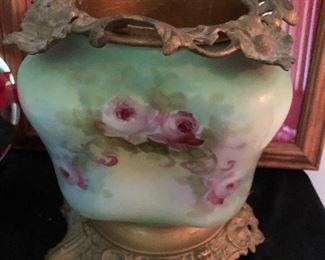 Vintage hand painted frog floral container
