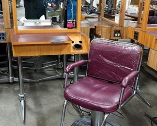 Collins Double Sided Mirrored Stylist Station With Wired Electric Power, Appliance Holders And A Jeffco Hydraulic Styling Chair Model 610