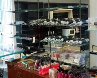 Two Piece Mirrored Merchandise Display Unit With Adjustable Shelves and Lower Storage Cabinets, 90" X 84"X 12"