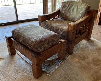 Rustic Hammered Wood Custom Armchair w/ Ottoman 	31x33x33	HxWxD