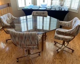 Octagon Glass Table w/ 5 Rolling Chairs 28x50x50 HxWxD