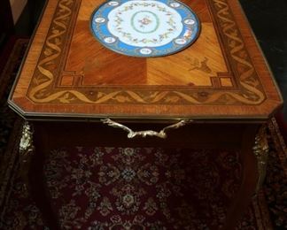 French bronze dore mounted marquetry cocktail table w/ Sevres porcelain inset