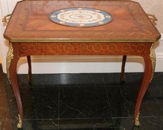 French bronze mounted marquetry cocktail table w/ Sevres porcelain inset