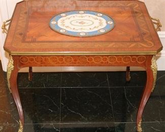 French bronze dore mounted marquetry cocktail table w/ Sevres porcelain inset