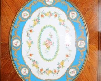 French bronze dore mounted marquetry cocktail table w/ Sevres porcelain inset