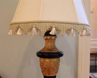 French cobalt, bronze dore marble-mounted lamp w/ fringed silk shade