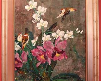 Large signed Chinese oil painting, silver gilt frame