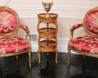 Bronze mounted Sevres vase, Antique custom upholstered fauteuils