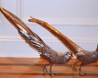 Pair beautiful Sterling & Gilt Sterling Pheasants by Tane, with mounted ruby eyes