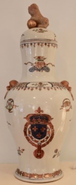 Pair of large Antique armorial export porcelain lidded vase