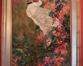 Large signed Chinese oil painting, silver gilt frame