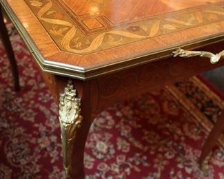French bronze dore mounted marquetry cocktail table w/ Sevres porcelain inset