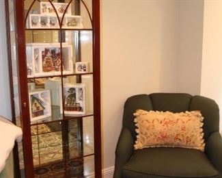Curio Cabinet, Swivel Upholstered Chair, Christmas Village