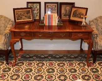 Leathertop Desk and Pair of Leopard upholsteredChairs on casters, Currier & Ives