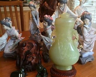 Lladro figurines, carved jade vase