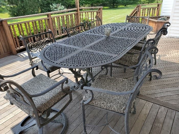 Patio World Classic Cristo Cast Aluminum Table with 2 Swival Rockers & 4 Arm Chairs 96" L x 41" W x 30" T