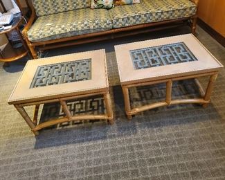 Rattan Inlayed Glass Top Tables each 26" W x 20" D x 16" T  